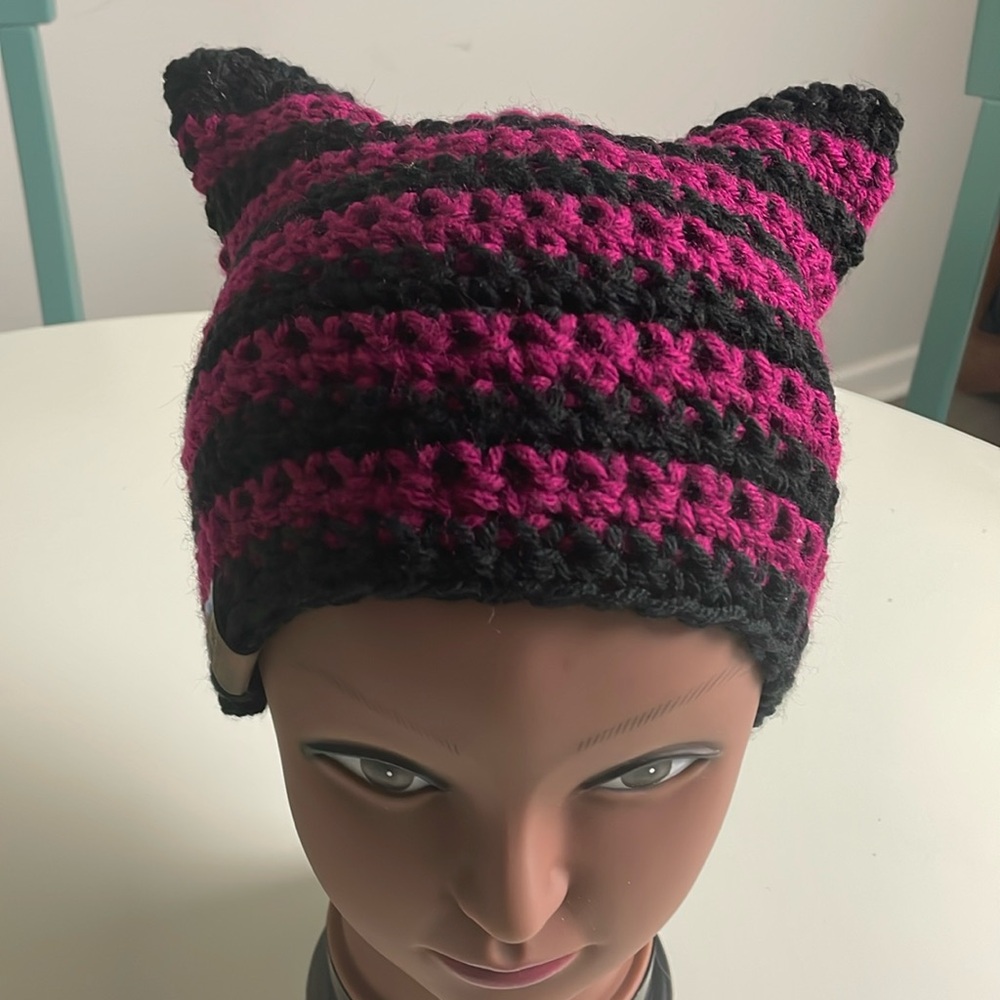 Crocheted CatEar Beanie- Purple-Burgundy & Black-one size- Adult
